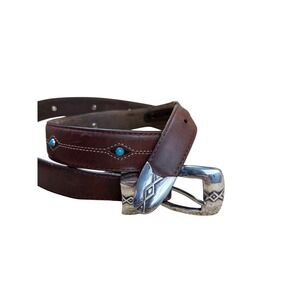 Onyx by Brighton Mens Brown Leather Western Belt Turquoise Studs Size 38 M40120